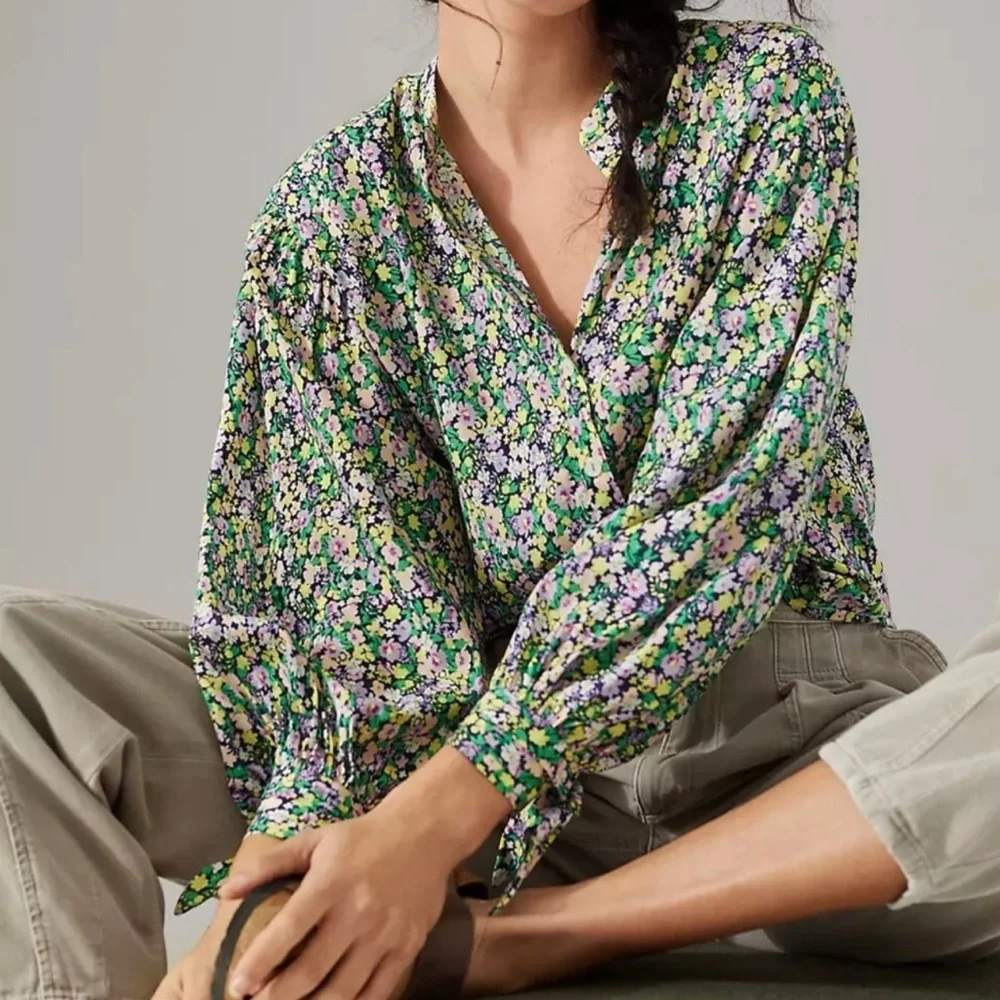 Anthropologie Maeve Floral Long Sleeve Button Front Blouse_12